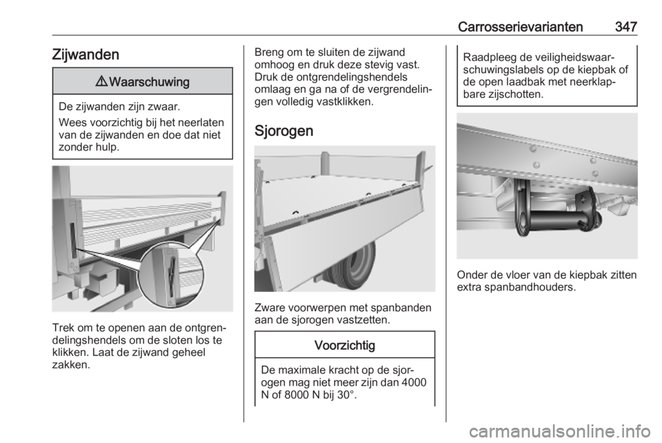 OPEL MOVANO_B 2020  Gebruikershandleiding (in Dutch) Carrosserievarianten347Zijwanden9Waarschuwing
De zijwanden zijn zwaar.
Wees voorzichtig bij het neerlaten van de zijwanden en doe dat niet
zonder hulp.
Trek om te openen aan de ontgren‐
delingshende