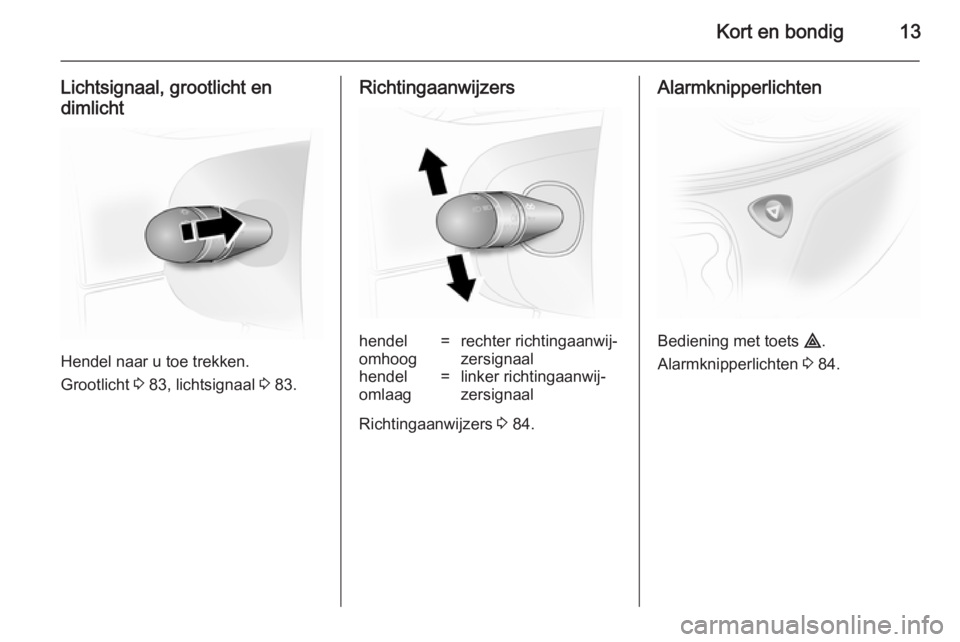 OPEL VIVARO 2014  Gebruikershandleiding (in Dutch) Kort en bondig13
Lichtsignaal, grootlicht en
dimlicht
Hendel naar u toe trekken.
Grootlicht  3 83, lichtsignaal  3 83.
Richtingaanwijzershendel
omhoog=rechter richtingaanwij‐
zersignaalhendel
omlaag