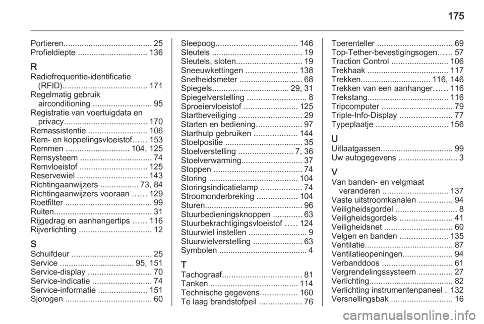 OPEL VIVARO 2014  Gebruikershandleiding (in Dutch) 175
Portieren....................................... 25
Profieldiepte ............................... 136
R
Radiofrequentie-identificatie (RFID) ..................................... 171
Regelmatig ge