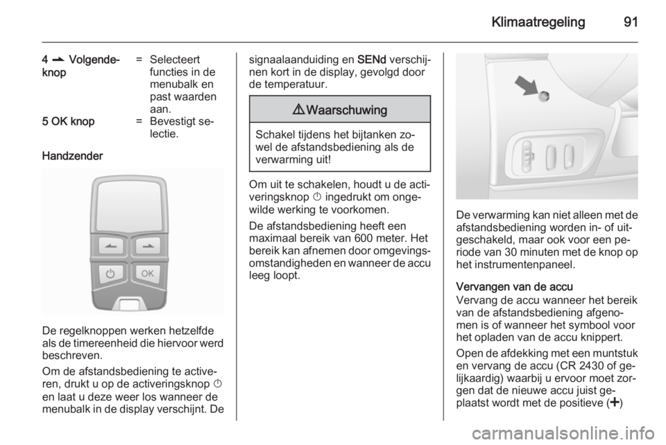 OPEL VIVARO 2014  Gebruikershandleiding (in Dutch) Klimaatregeling91
4 r  Volgende-
knop=Selecteert
functies in de
menubalk en
past waarden
aan.5  OK  knop=Bevestigt se‐
lectie.
Handzender
De regelknoppen werken hetzelfde
als de timereenheid die hie