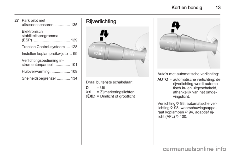 OPEL VIVARO B 2015.5  Gebruikershandleiding (in Dutch) Kort en bondig13
27Park pilot met
ultrasoonsensoren  .............135
Elektronisch
stabiliteitsprogramma
(ESP)  ................................. 129
Traction Control-systeem ....128
Instellen koplamp