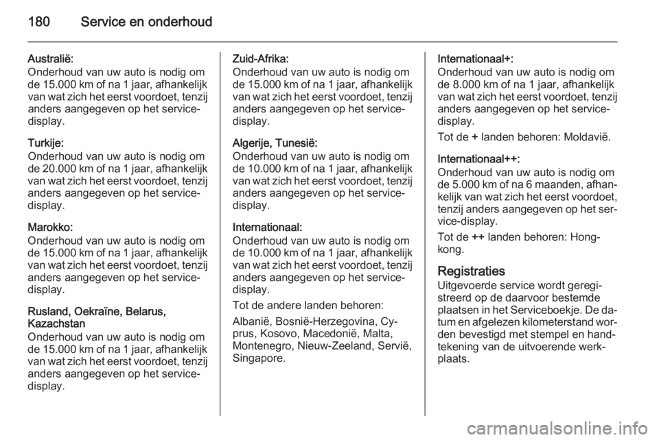 OPEL VIVARO B 2015.5  Gebruikershandleiding (in Dutch) 180Service en onderhoud
Australië:
Onderhoud van uw auto is nodig om
de 15.000 km of na 1 jaar, afhankelijk van wat zich het eerst voordoet, tenzij
anders aangegeven op het service-
display.
Turkije: