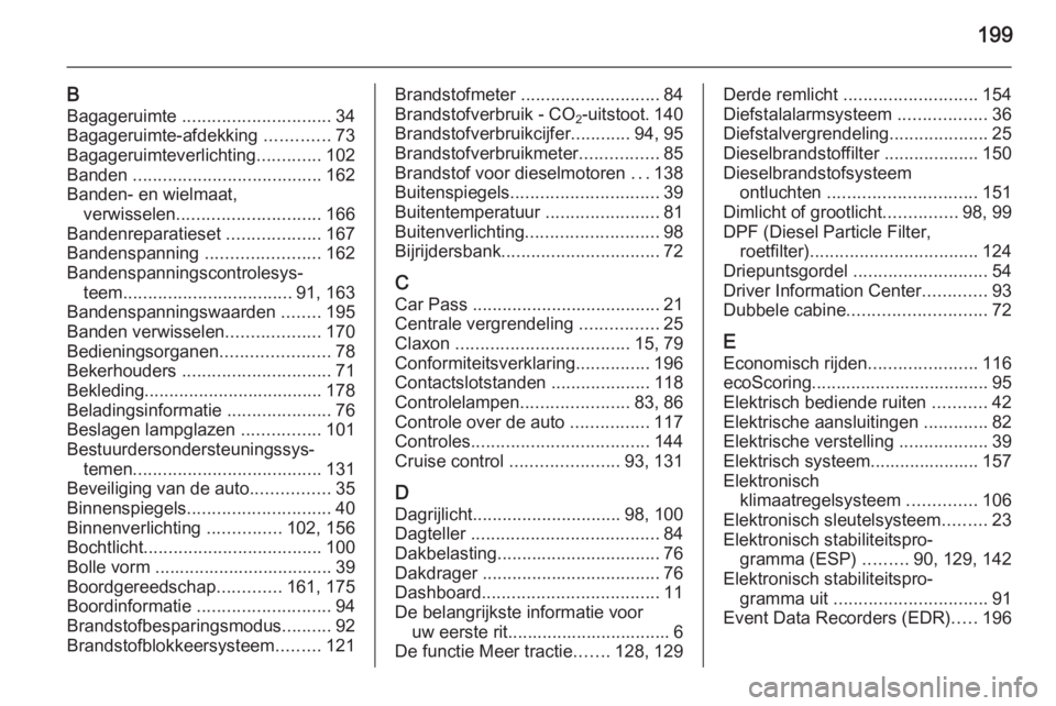 OPEL VIVARO B 2015.5  Gebruikershandleiding (in Dutch) 199
BBagageruimte  .............................. 34
Bagageruimte-afdekking  .............73
Bagageruimteverlichting .............102
Banden  ...................................... 162
Banden- en wiel