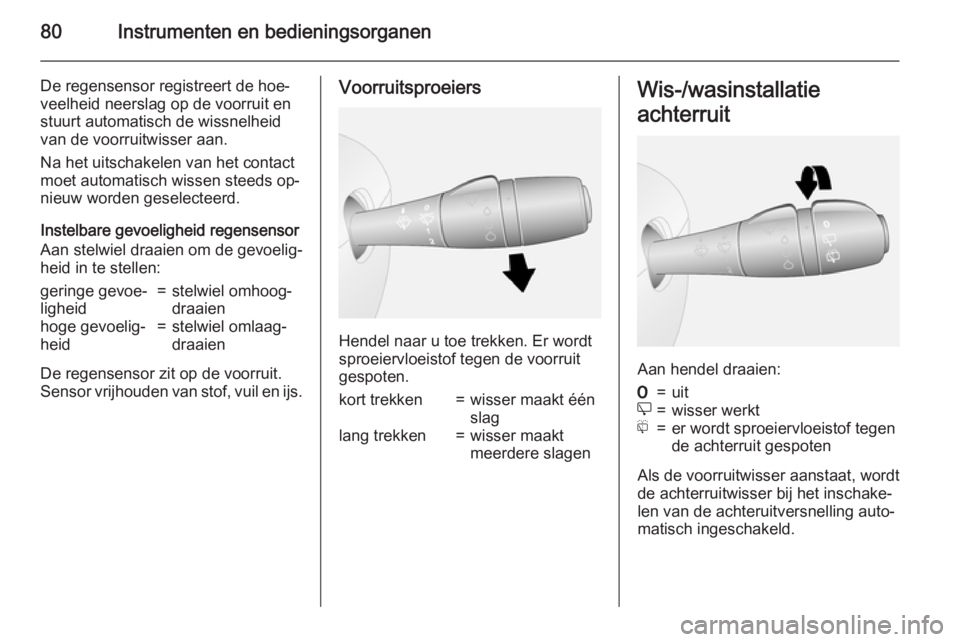 OPEL VIVARO B 2015.5  Gebruikershandleiding (in Dutch) 80Instrumenten en bedieningsorganen
De regensensor registreert de hoe‐
veelheid neerslag op de voorruit en
stuurt automatisch de wissnelheid
van de voorruitwisser aan.
Na het uitschakelen van het co