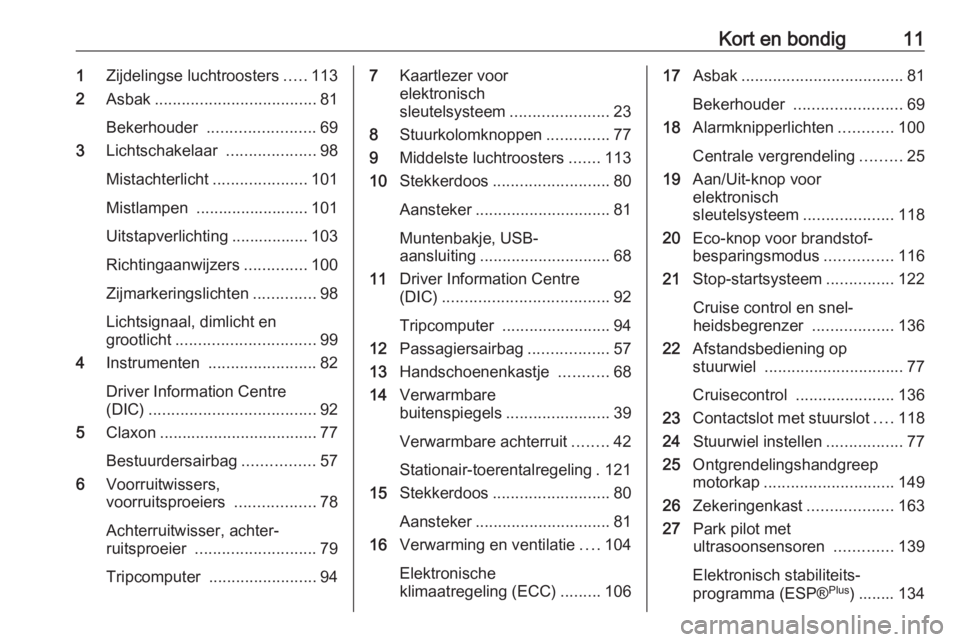 OPEL VIVARO B 2016  Gebruikershandleiding (in Dutch) Kort en bondig111Zijdelingse luchtroosters .....113
2 Asbak .................................... 81
Bekerhouder  ........................ 69
3 Lichtschakelaar  ....................98
Mistachterlicht .
