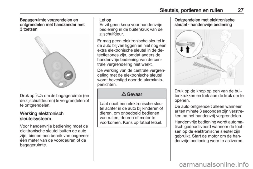 OPEL VIVARO B 2016  Gebruikershandleiding (in Dutch) Sleutels, portieren en ruiten27Bagageruimte vergrendelen en
ontgrendelen met handzender met
3 toetsen
Druk op  G om de bagageruimte (en
de zijschuifdeuren) te vergrendelen of te ontgrendelen.
Werking 