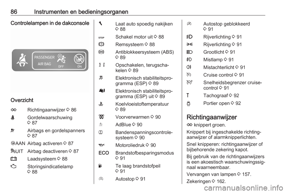 OPEL VIVARO B 2016  Gebruikershandleiding (in Dutch) 86Instrumenten en bedieningsorganenControlelampen in de dakconsole
Overzicht
ORichtingaanwijzer 3 86XGordelwaarschuwing
3  87vAirbags en gordelspanners
3  87Ó AANAirbag activeren  3 87* UITAirbag dea