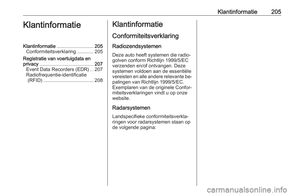 OPEL VIVARO B 2016.5  Gebruikershandleiding (in Dutch) Klantinformatie205KlantinformatieKlantinformatie........................... 205
Conformiteitsverklaring ............205
Registratie van voertuigdata en
privacy ....................................... 