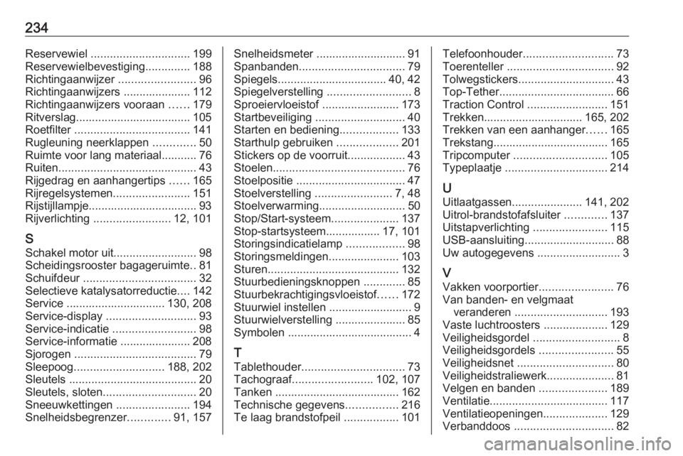 OPEL VIVARO B 2017.5  Gebruikershandleiding (in Dutch) 234Reservewiel ............................... 199
Reservewielbevestiging ..............188
Richtingaanwijzer  ........................96
Richtingaanwijzers ..................... 112
Richtingaanwijzer