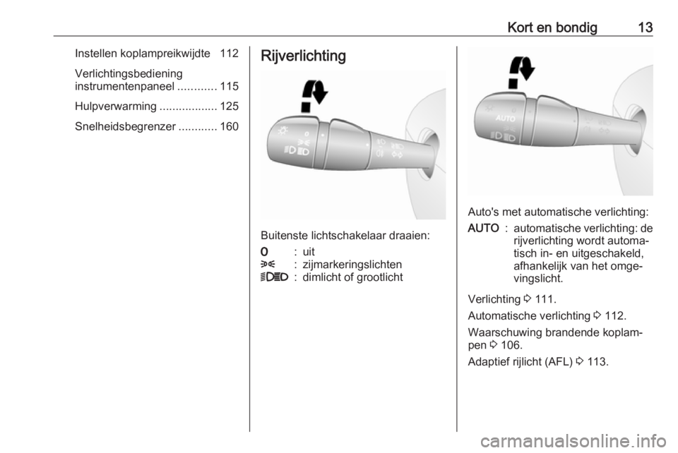 OPEL VIVARO B 2018  Gebruikershandleiding (in Dutch) Kort en bondig13Instellen koplampreikwijdte  112
Verlichtingsbediening
instrumentenpaneel ............115
Hulpverwarming ..................125
Snelheidsbegrenzer ............160Rijverlichting
Buitenst