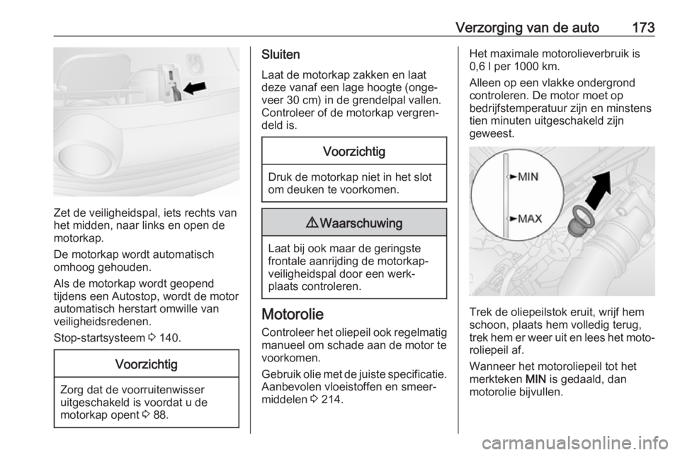 OPEL VIVARO B 2018 Gebruikershandleiding (in Dutch) Verzorging van de auto173
Zet de veiligheidspal, iets rechts van
het midden, naar links en open de
motorkap.
De motorkap wordt automatisch
omhoog gehouden.
Als de motorkap wordt geopend
tijdens een Au OPEL VIVARO B 2018 Gebruikershandleiding (in Dutch) Verzorging van de auto173
Zet de veiligheidspal, iets rechts van
het midden, naar links en open de
motorkap.
De motorkap wordt automatisch
omhoog gehouden.
Als de motorkap wordt geopend
tijdens een Au