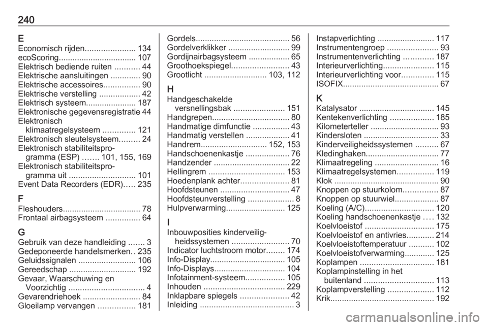 OPEL VIVARO B 2018  Gebruikershandleiding (in Dutch) 240EEconomisch rijden ......................134
ecoScoring.................................. 107
Elektrisch bediende ruiten  ...........44
Elektrische aansluitingen  .............90
Elektrische access