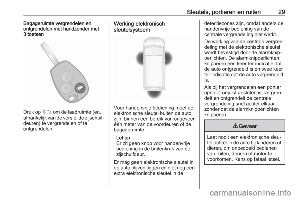 OPEL VIVARO B 2018  Gebruikershandleiding (in Dutch) Sleutels, portieren en ruiten29Bagageruimte vergrendelen en
ontgrendelen met handzender met
3 toetsen
Druk op  G om de laadruimte (en,
afhankelijk van de versie, de zijschuif‐
deuren) te vergrendele