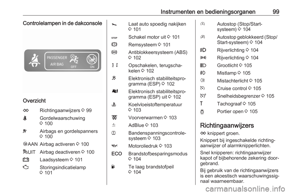 OPEL VIVARO B 2018.5  Gebruikershandleiding (in Dutch) Instrumenten en bedieningsorganen99Controlelampen in de dakconsole
Overzicht
ORichtingaanwijzers 3 99XGordelwaarschuwing
3  100vAirbags en gordelspanners
3  100Ó AANAirbag activeren  3 100* UITAirbag