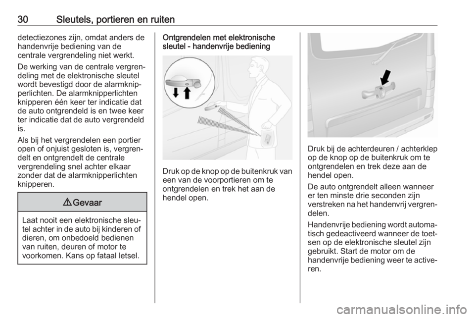 OPEL VIVARO B 2018.5  Gebruikershandleiding (in Dutch) 30Sleutels, portieren en ruitendetectiezones zijn, omdat anders de
handenvrije bediening van de
centrale vergrendeling niet werkt.
De werking van de centrale vergren‐
deling met de elektronische sle