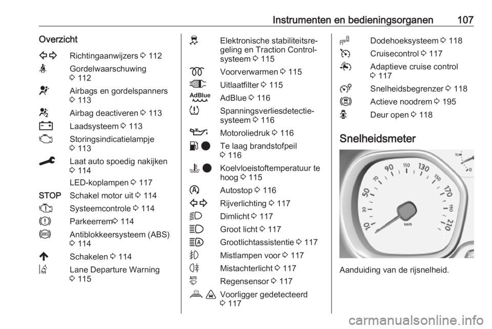 OPEL VIVARO C 2020  Gebruikershandleiding (in Dutch) Instrumenten en bedieningsorganen107Overzicht1Richtingaanwijzers 3 112aGordelwaarschuwing
3  112dAirbags en gordelspanners
3  113eAirbag deactiveren  3 113SLaadsysteem  3 113WStoringsindicatielampje
3