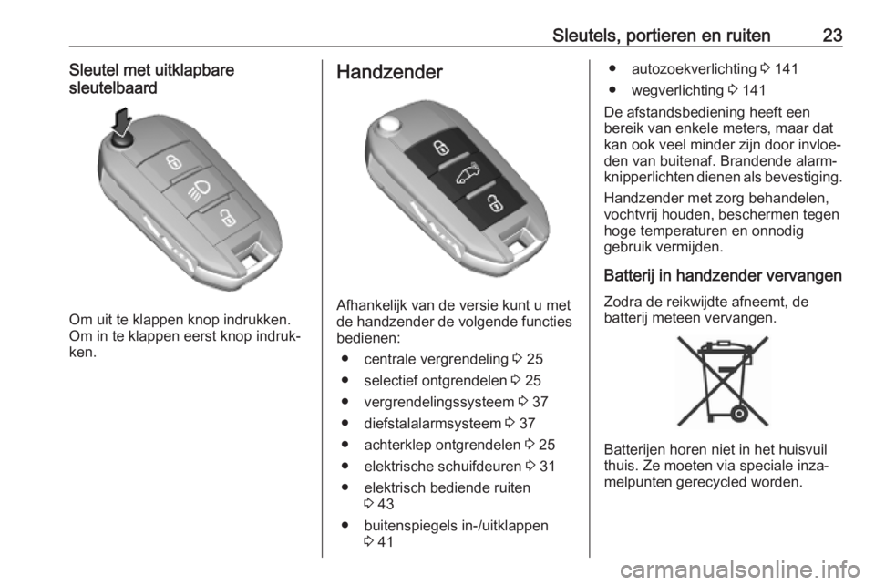 OPEL VIVARO C 2020  Gebruikershandleiding (in Dutch) Sleutels, portieren en ruiten23Sleutel met uitklapbare
sleutelbaard
Om uit te klappen knop indrukken.
Om in te klappen eerst knop indruk‐
ken.
Handzender
Afhankelijk van de versie kunt u met
de hand