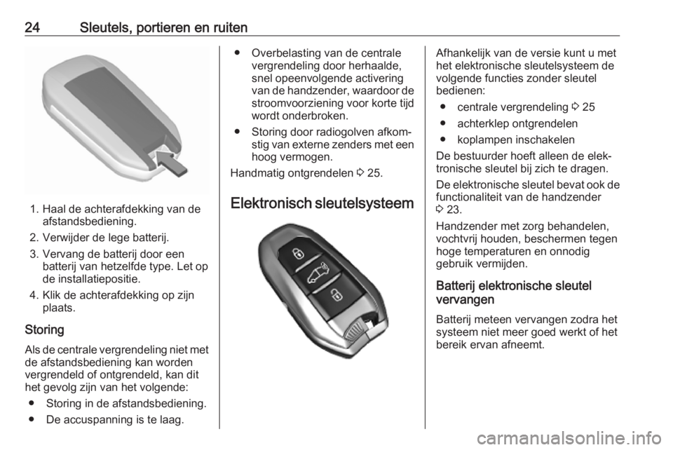 OPEL VIVARO C 2020  Gebruikershandleiding (in Dutch) 24Sleutels, portieren en ruiten
1. Haal de achterafdekking van deafstandsbediening.
2. Verwijder de lege batterij.
3. Vervang de batterij door een batterij van hetzelfde type. Let op
de installatiepos