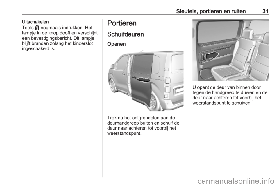 OPEL VIVARO C 2020  Gebruikershandleiding (in Dutch) Sleutels, portieren en ruiten31Uitschakelen
Toets  > nogmaals indrukken. Het
lampje in de knop dooft en verschijnt
een bevestigingsbericht. Dit lampje
blijft branden zolang het kinderslot
ingeschakeld