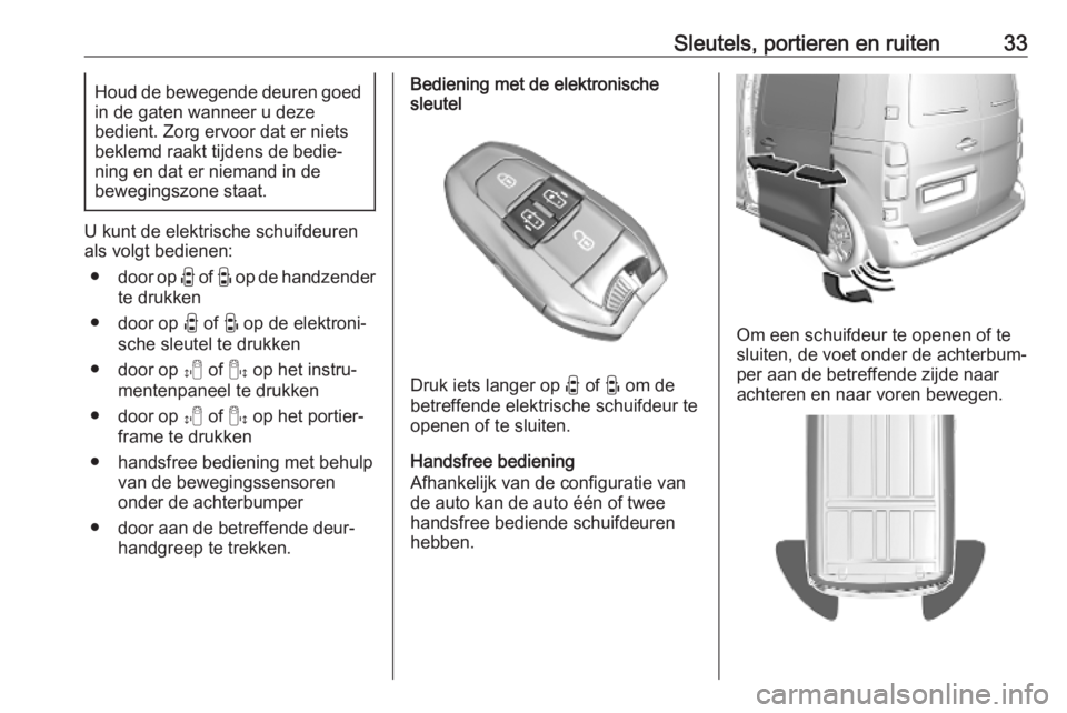 OPEL VIVARO C 2020  Gebruikershandleiding (in Dutch) Sleutels, portieren en ruiten33Houd de bewegende deuren goedin de gaten wanneer u deze
bedient. Zorg ervoor dat er niets
beklemd raakt tijdens de bedie‐
ning en dat er niemand in de
bewegingszone st