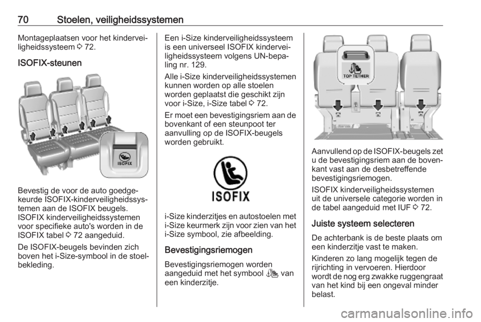 OPEL VIVARO C 2020 Gebruikershandleiding (in Dutch) 70Stoelen, veiligheidssystemenMontageplaatsen voor het kindervei‐
ligheidssysteem 3 72.
ISOFIX-steunen
Bevestig de voor de auto goedge‐
keurde ISOFIX-kinderveiligheidssys‐
temen aan de ISOFIX b OPEL VIVARO C 2020 Gebruikershandleiding (in Dutch) 70Stoelen, veiligheidssystemenMontageplaatsen voor het kindervei‐
ligheidssysteem 3 72.
ISOFIX-steunen
Bevestig de voor de auto goedge‐
keurde ISOFIX-kinderveiligheidssys‐
temen aan de ISOFIX b