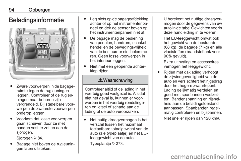 OPEL VIVARO C 2020  Gebruikershandleiding (in Dutch) 94OpbergenBeladingsinformatie
●Zware voorwerpen in de bagage‐
ruimte tegen de rugleuningen
leggen. Controleer of de rugleu‐
ningen naar behoren zijn
vergrendeld. Bij stapelbare voor‐
werpen de
