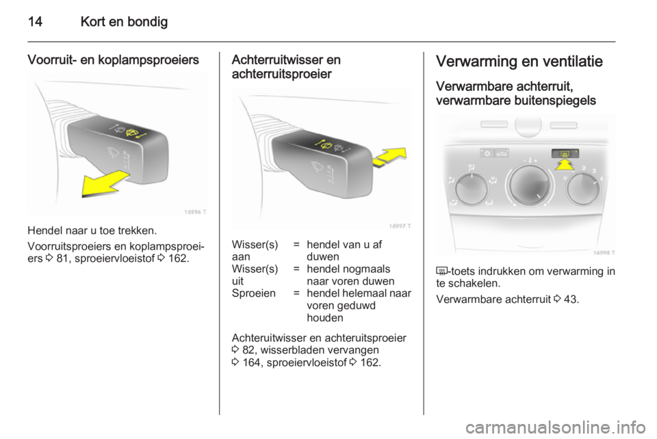 OPEL ZAFIRA B 2014  Gebruikershandleiding (in Dutch) 14Kort en bondig
Voorruit- en koplampsproeiers
Hendel naar u toe trekken.
Voorruitsproeiers en koplampsproei‐
ers  3 81, sproeiervloeistof  3 162.
Achterruitwisser en
achterruitsproeierWisser(s)
aan