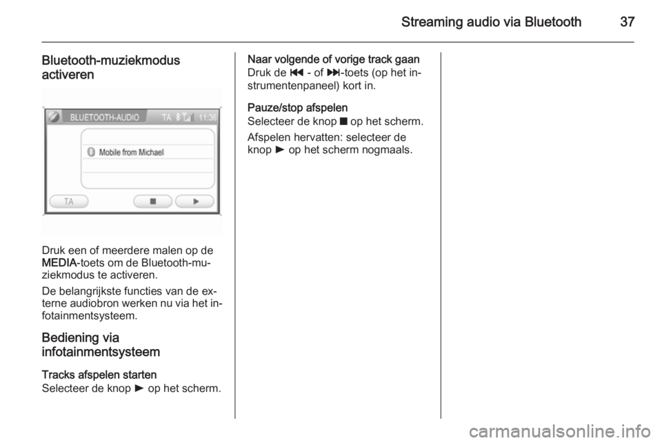 OPEL ZAFIRA B 2014.5  Handleiding Infotainment (in Dutch) Streaming audio via Bluetooth37
Bluetooth-muziekmodus
activeren
Druk een of meerdere malen op de
MEDIA -toets om de Bluetooth-mu‐
ziekmodus te activeren.
De belangrijkste functies van de ex‐
terne