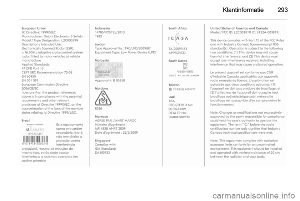 OPEL ZAFIRA C 2014.5 Gebruikershandleiding (in Dutch) Klantinformatie293 OPEL ZAFIRA C 2014.5 Gebruikershandleiding (in Dutch) Klantinformatie293
