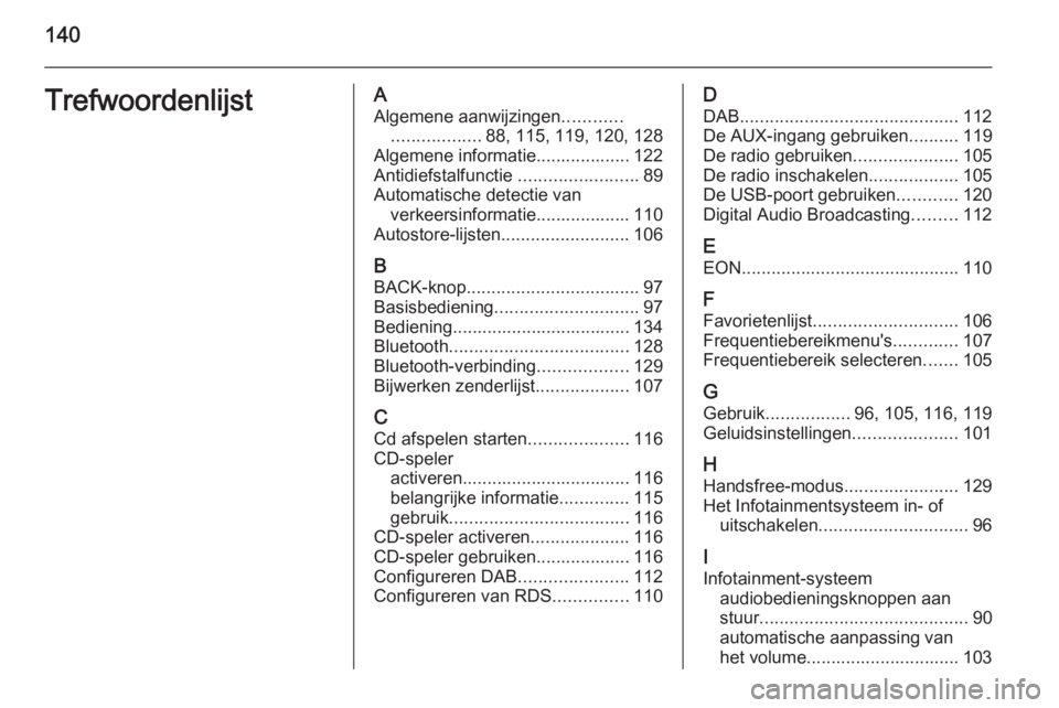 OPEL ZAFIRA C 2015 Handleiding Infotainment (in Dutch) 140TrefwoordenlijstAAlgemene aanwijzingen ............
.................. 88, 115, 119, 120, 128
Algemene informatie................... 122
Antidiefstalfunctie ........................89
Automatische OPEL ZAFIRA C 2015 Handleiding Infotainment (in Dutch) 140TrefwoordenlijstAAlgemene aanwijzingen ............
.................. 88, 115, 119, 120, 128
Algemene informatie................... 122
Antidiefstalfunctie ........................89
Automatische