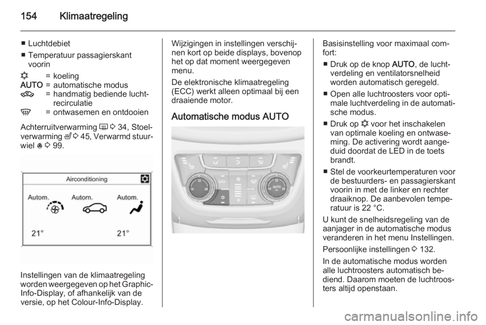 OPEL ZAFIRA C 2015 Gebruikershandleiding (in Dutch) 154Klimaatregeling
■ Luchtdebiet
■ Temperatuur passagierskant voorinn=koelingAUTO=automatische modus4=handmatig bediende lucht‐
recirculatieV=ontwasemen en ontdooien
Achterruitverwarming Ü 3 OPEL ZAFIRA C 2015 Gebruikershandleiding (in Dutch) 154Klimaatregeling
■ Luchtdebiet
■ Temperatuur passagierskant voorinn=koelingAUTO=automatische modus4=handmatig bediende lucht‐
recirculatieV=ontwasemen en ontdooien
Achterruitverwarming Ü 3