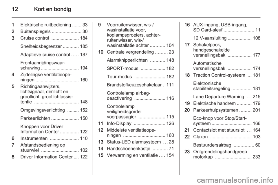 OPEL ZAFIRA C 2015.5  Gebruikershandleiding (in Dutch) 12Kort en bondig
1Elektrische ruitbediening .......33
2 Buitenspiegels ......................30
3 Cruise control  .....................184
Snelheidsbegrenzer ............185
Adaptieve cruise control .