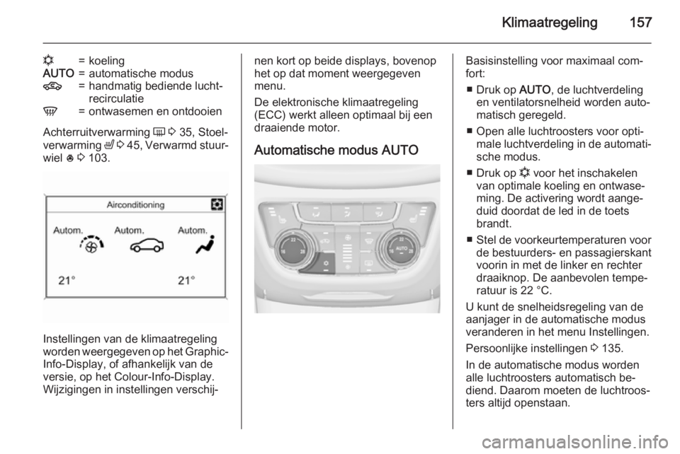 OPEL ZAFIRA C 2015.5 Gebruikershandleiding (in Dutch) Klimaatregeling157
n=koelingAUTO=automatische modus4=handmatig bediende lucht‐
recirculatieV=ontwasemen en ontdooien
Achterruitverwarming Ü 3 35, Stoel‐
verwarming ß 3 45 , Verwarmd stuur‐ OPEL ZAFIRA C 2015.5 Gebruikershandleiding (in Dutch) Klimaatregeling157
n=koelingAUTO=automatische modus4=handmatig bediende lucht‐
recirculatieV=ontwasemen en ontdooien
Achterruitverwarming Ü 3 35, Stoel‐
verwarming ß 3 45 , Verwarmd stuur‐