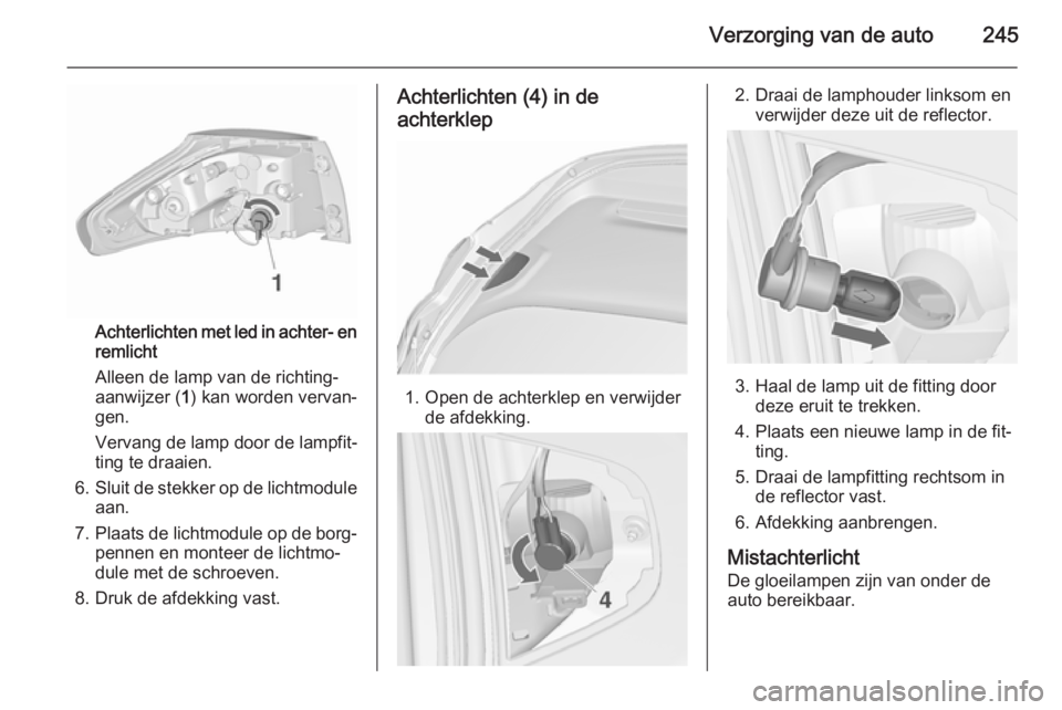OPEL ZAFIRA C 2015.5  Gebruikershandleiding (in Dutch) Verzorging van de auto245
Achterlichten met led in achter- en
remlicht
Alleen de lamp van de richting‐
aanwijzer ( 1) kan worden vervan‐
gen.
Vervang de lamp door de lampfit‐
ting te draaien.
6.