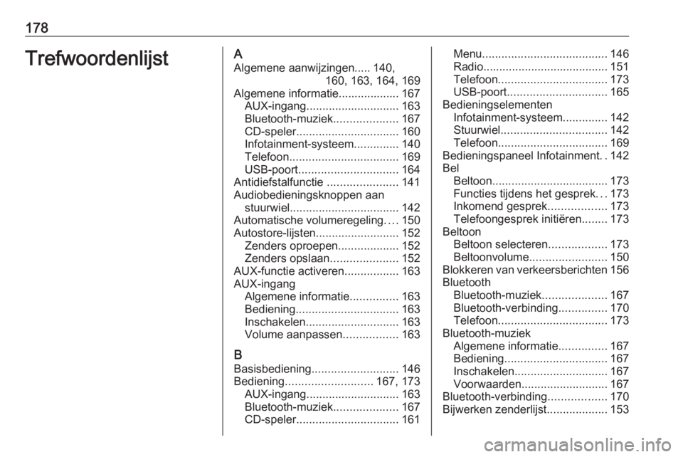 OPEL ZAFIRA C 2016 Handleiding Infotainment (in Dutch) 178TrefwoordenlijstAAlgemene aanwijzingen..... 140, 160, 163, 164, 169
Algemene informatie................... 167 AUX-ingang ............................. 163
Bluetooth-muziek ....................167
OPEL ZAFIRA C 2016 Handleiding Infotainment (in Dutch) 178TrefwoordenlijstAAlgemene aanwijzingen..... 140, 160, 163, 164, 169
Algemene informatie................... 167 AUX-ingang ............................. 163
Bluetooth-muziek ....................167