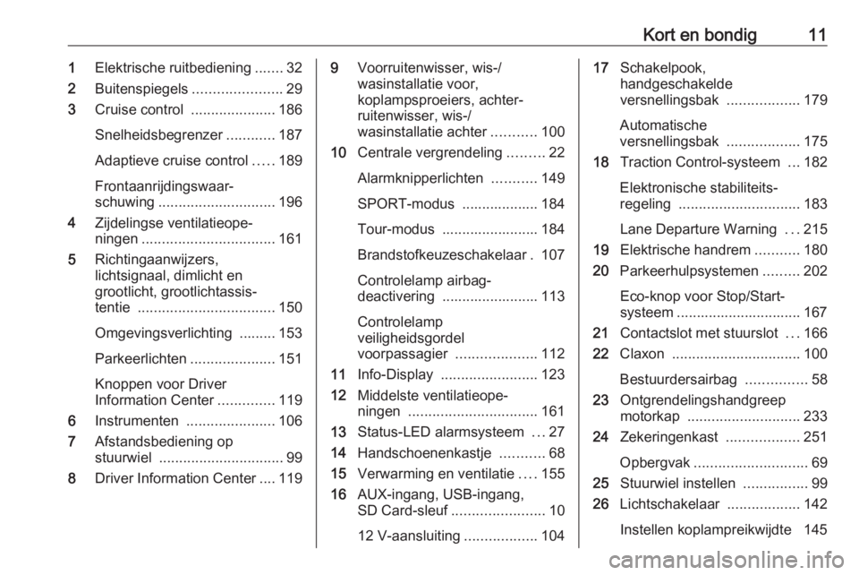 OPEL ZAFIRA C 2016  Gebruikershandleiding (in Dutch) Kort en bondig111Elektrische ruitbediening .......32
2 Buitenspiegels ......................29
3 Cruise control  .....................186
Snelheidsbegrenzer ............187
Adaptieve cruise control ..