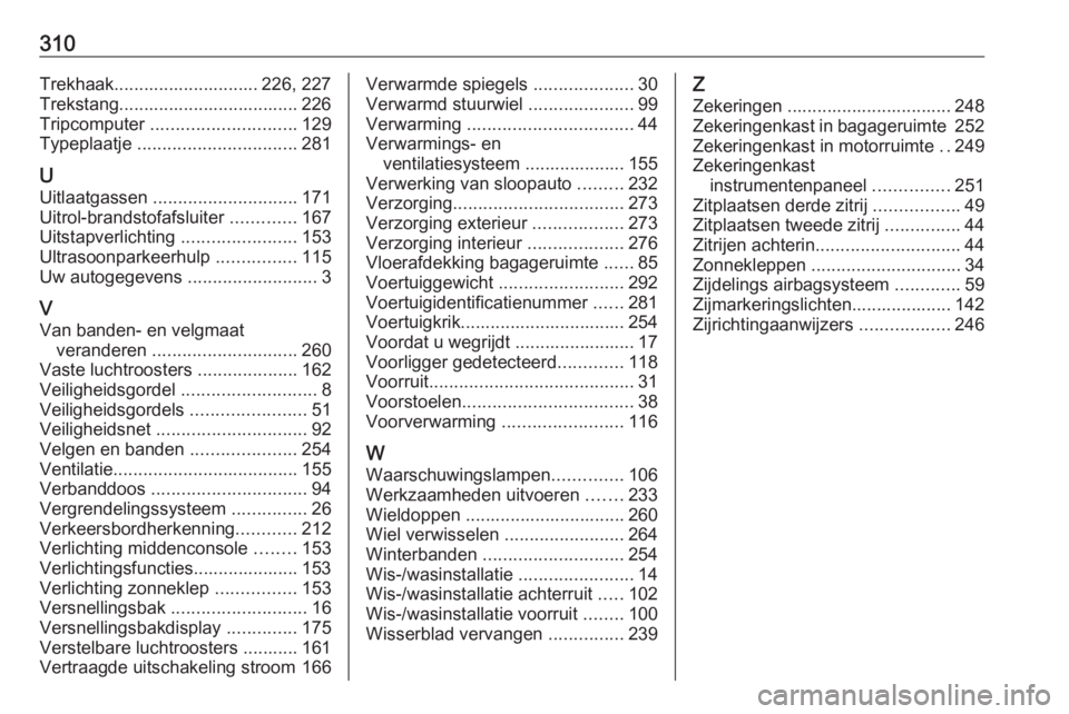 OPEL ZAFIRA C 2016 Gebruikershandleiding (in Dutch) 310Trekhaak............................. 226, 227
Trekstang.................................... 226
Tripcomputer ............................. 129
Typeplaatje ................................ 281
U OPEL ZAFIRA C 2016 Gebruikershandleiding (in Dutch) 310Trekhaak............................. 226, 227
Trekstang.................................... 226
Tripcomputer ............................. 129
Typeplaatje ................................ 281
U