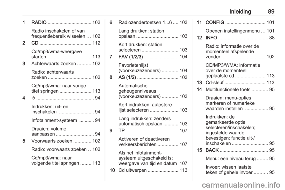 OPEL ZAFIRA C 2016.5 Handleiding Infotainment (in Dutch) Inleiding891 RADIO................................. 102
Radio inschakelen of van
frequentiebereik wisselen ...102
2 CD ....................................... 112
Cd/mp3/wma-weergave
starten ......... OPEL ZAFIRA C 2016.5 Handleiding Infotainment (in Dutch) Inleiding891 RADIO................................. 102
Radio inschakelen of van
frequentiebereik wisselen ...102
2 CD ....................................... 112
Cd/mp3/wma-weergave
starten .........