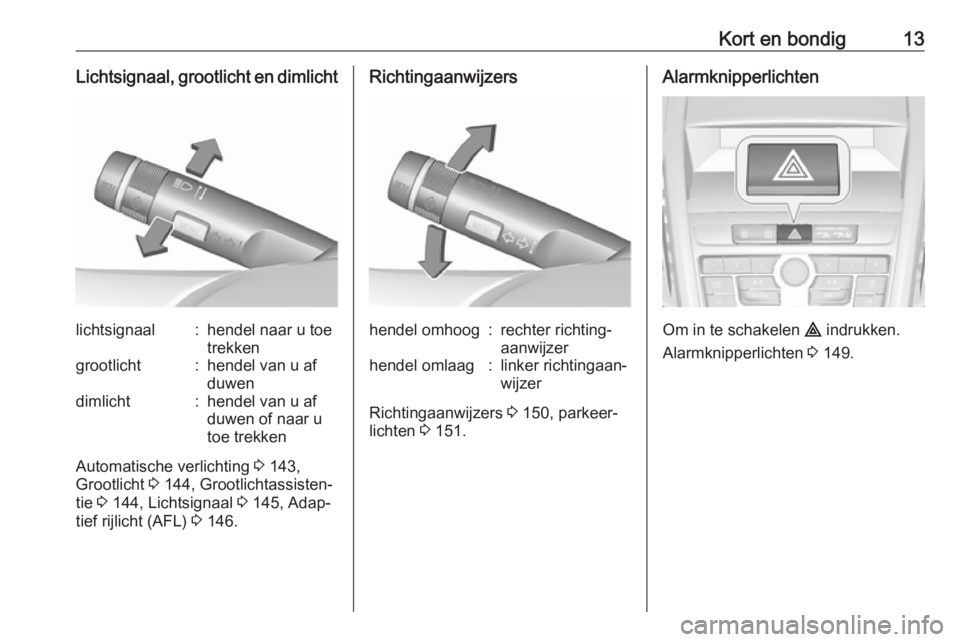 OPEL ZAFIRA C 2016.5  Gebruikershandleiding (in Dutch) Kort en bondig13Lichtsignaal, grootlicht en dimlichtlichtsignaal:hendel naar u toe
trekkengrootlicht:hendel van u af
duwendimlicht:hendel van u af
duwen of naar u
toe trekken
Automatische verlichting 