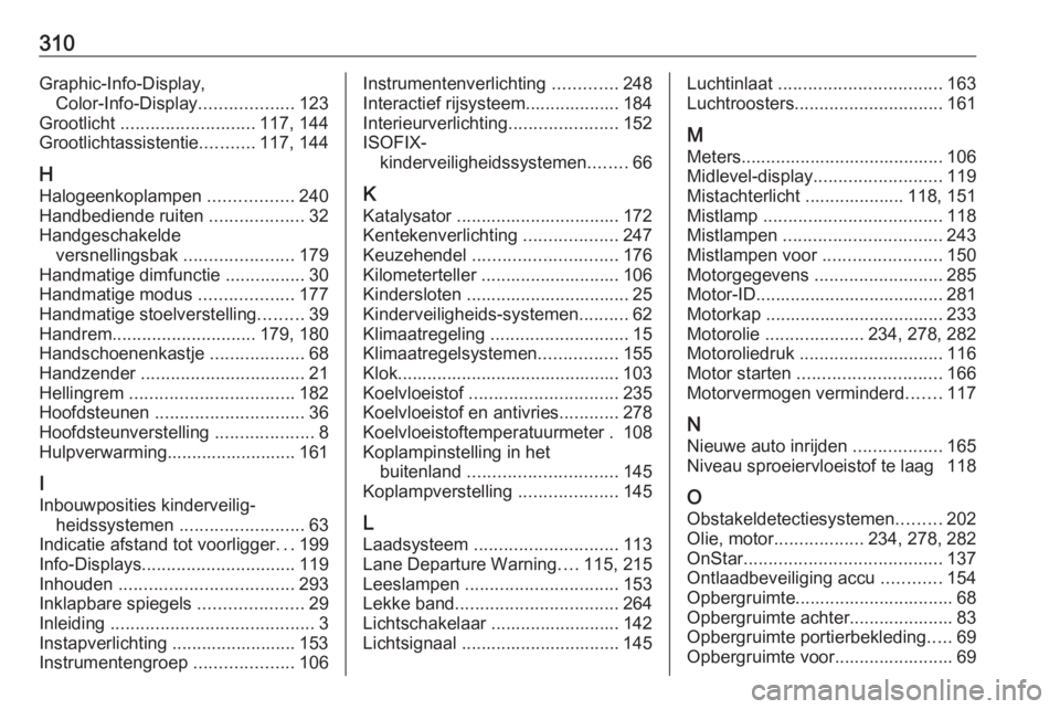 OPEL ZAFIRA C 2016.5  Gebruikershandleiding (in Dutch) 310Graphic-Info-Display,Color-Info-Display ...................123
Grootlicht  ........................... 117, 144
Grootlichtassistentie ...........117, 144
H Halogeenkoplampen  .................240
H