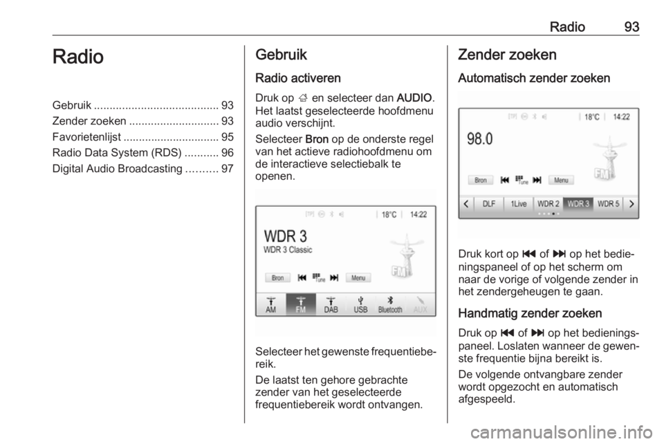OPEL ZAFIRA C 2017  Handleiding Infotainment (in Dutch) Radio93RadioGebruik........................................ 93
Zender zoeken ............................. 93
Favorietenlijst ............................... 95
Radio Data System (RDS) ...........96
D