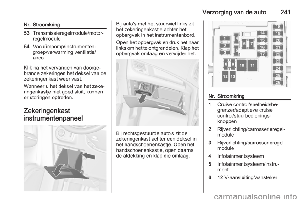 OPEL ZAFIRA C 2017  Gebruikershandleiding (in Dutch) Verzorging van de auto241Nr.Stroomkring53Transmissieregelmodule/motor‐
regelmodule54Vacuümpomp/instrumenten‐
groep/verwarming ventilatie/
airco
Klik na het vervangen van doorge‐
brande zekering OPEL ZAFIRA C 2017  Gebruikershandleiding (in Dutch) Verzorging van de auto241Nr.Stroomkring53Transmissieregelmodule/motor‐
regelmodule54Vacuümpomp/instrumenten‐
groep/verwarming ventilatie/
airco
Klik na het vervangen van doorge‐
brande zekering