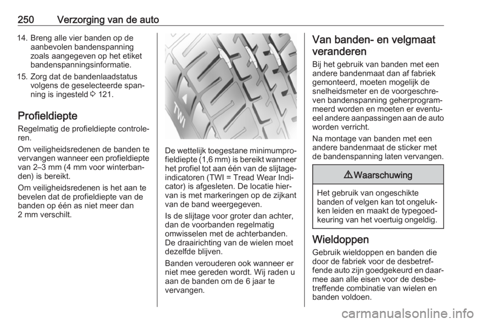 OPEL ZAFIRA C 2017  Gebruikershandleiding (in Dutch) 250Verzorging van de auto14. Breng alle vier banden op deaanbevolen bandenspanning
zoals aangegeven op het etiket
bandenspanningsinformatie.
15. Zorg dat de bandenlaadstatus volgens de geselecteerde s OPEL ZAFIRA C 2017  Gebruikershandleiding (in Dutch) 250Verzorging van de auto14. Breng alle vier banden op deaanbevolen bandenspanning
zoals aangegeven op het etiket
bandenspanningsinformatie.
15. Zorg dat de bandenlaadstatus volgens de geselecteerde s