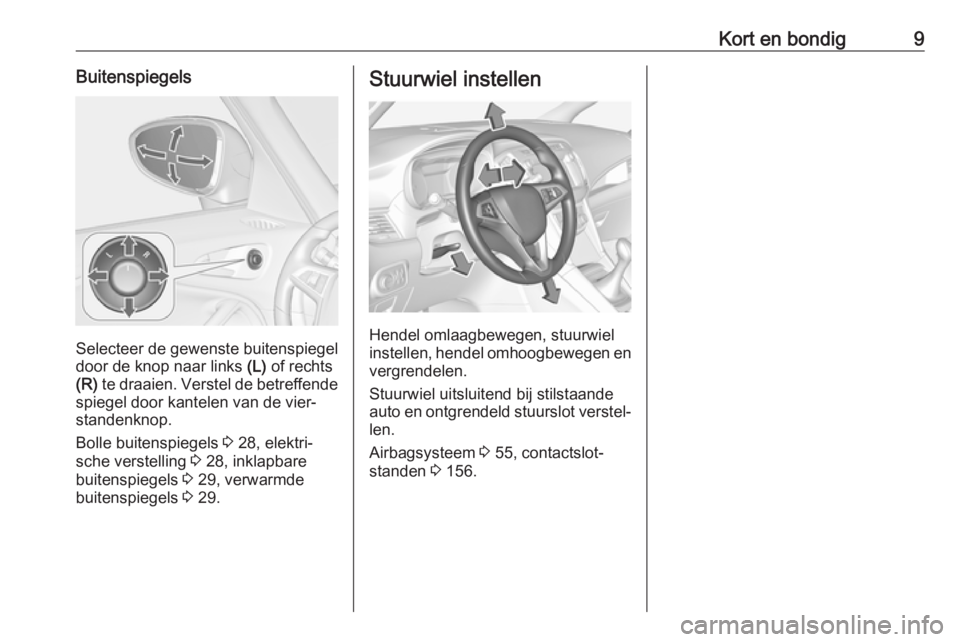 OPEL ZAFIRA C 2017.25  Gebruikershandleiding (in Dutch) Kort en bondig9Buitenspiegels
Selecteer de gewenste buitenspiegel
door de knop naar links  (L) of rechts
(R)  te draaien. Verstel de betreffende
spiegel door kantelen van de vier‐
standenknop.
Bolle