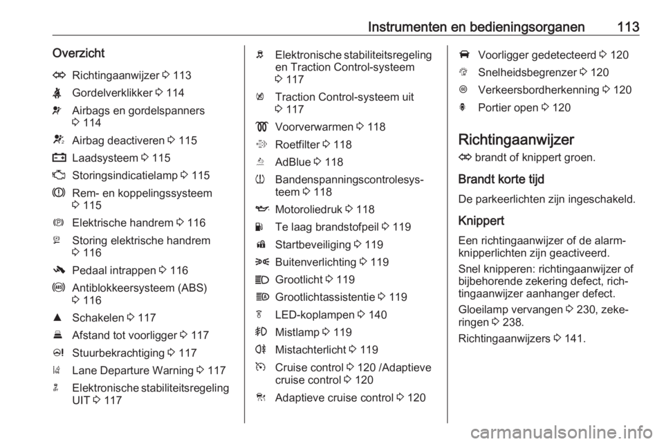 OPEL ZAFIRA C 2017.25  Gebruikershandleiding (in Dutch) Instrumenten en bedieningsorganen113OverzichtORichtingaanwijzer 3 113XGordelverklikker  3 114vAirbags en gordelspanners
3  114VAirbag deactiveren  3 115pLaadsysteem  3 115ZStoringsindicatielamp  3 115