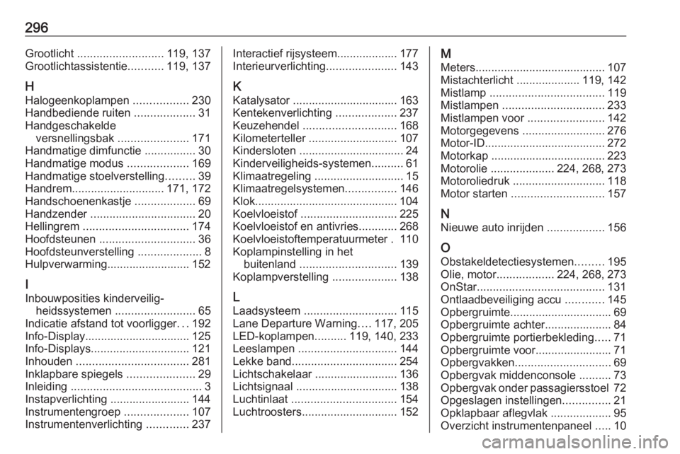 OPEL ZAFIRA C 2017.25  Gebruikershandleiding (in Dutch) 296Grootlicht ........................... 119, 137
Grootlichtassistentie ...........119, 137
H
Halogeenkoplampen  .................230
Handbediende ruiten  ...................31
Handgeschakelde versne