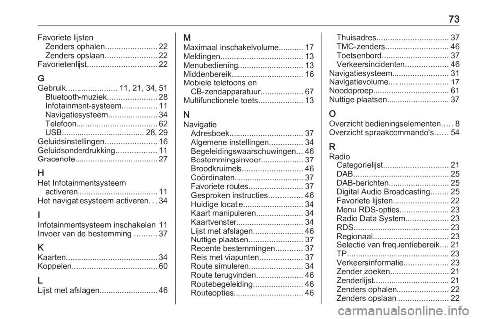 OPEL ZAFIRA C 2017.5 Handleiding Infotainment (in Dutch) 73Favoriete lijstenZenders ophalen .......................22
Zenders opslaan .......................22
Favorietenlijst ............................... 22
G
Gebruik ....................... 11, 21, 34, OPEL ZAFIRA C 2017.5 Handleiding Infotainment (in Dutch) 73Favoriete lijstenZenders ophalen .......................22
Zenders opslaan .......................22
Favorietenlijst ............................... 22
G
Gebruik ....................... 11, 21, 34,