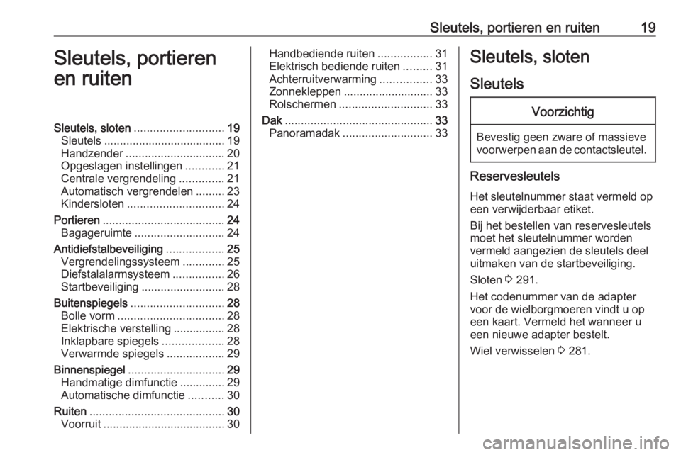OPEL ZAFIRA C 2019 Gebruikershandleiding (in Dutch) Sleutels, portieren en ruiten19Sleutels, portieren
en ruitenSleutels, sloten ............................ 19
Sleutels ...................................... 19
Handzender ............................. OPEL ZAFIRA C 2019 Gebruikershandleiding (in Dutch) Sleutels, portieren en ruiten19Sleutels, portieren
en ruitenSleutels, sloten ............................ 19
Sleutels ...................................... 19
Handzender .............................