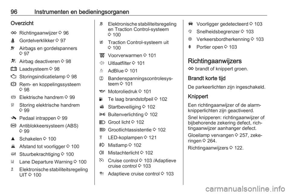 OPEL ZAFIRA C 2019  Gebruikershandleiding (in Dutch) 96Instrumenten en bedieningsorganenOverzichtORichtingaanwijzer 3 96XGordelverklikker  3 97vAirbags en gordelspanners
3  97VAirbag deactiveren  3 98pLaadsysteem  3 98ZStoringsindicatielamp  3 98RRem- e