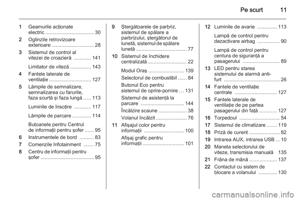 OPEL ADAM 2015  Manual de utilizare (in Romanian) Pe scurt11
1Geamurile acţionate
electric ................................... 30
2 Oglinzile retrovizoare
exterioare .............................. 28
3 Sistemul de control al
vitezei de croazieră  .